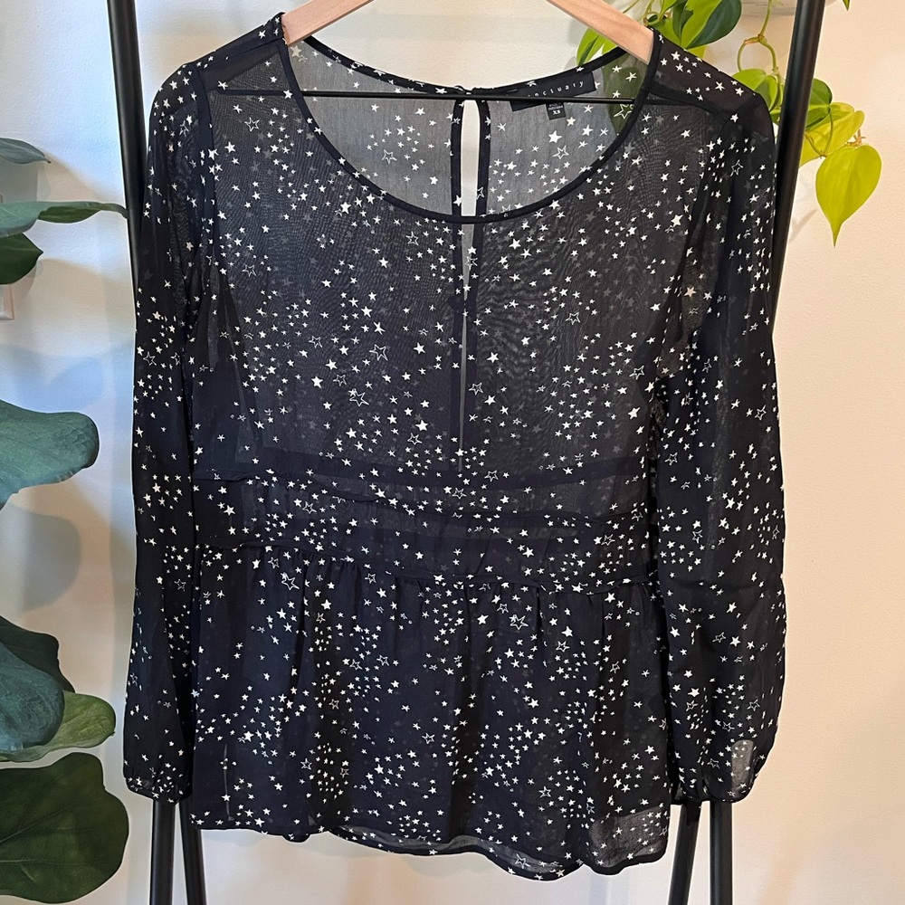 Sanctuary Blouse Star Print Sheer Black‎ Long Sleeve XS Lightweight Celestial